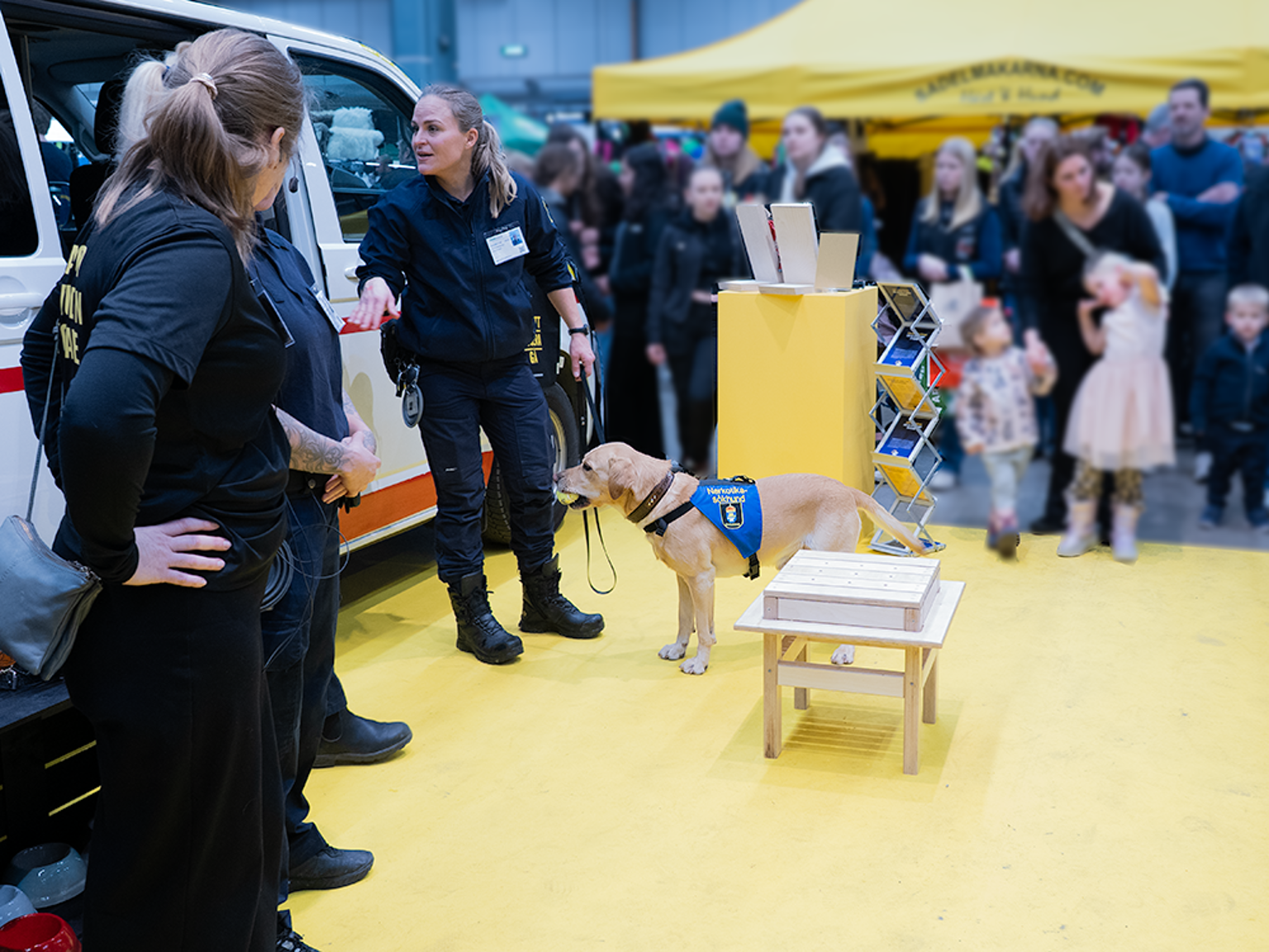 Många besökare har samlats för att se narkotikasökhund.