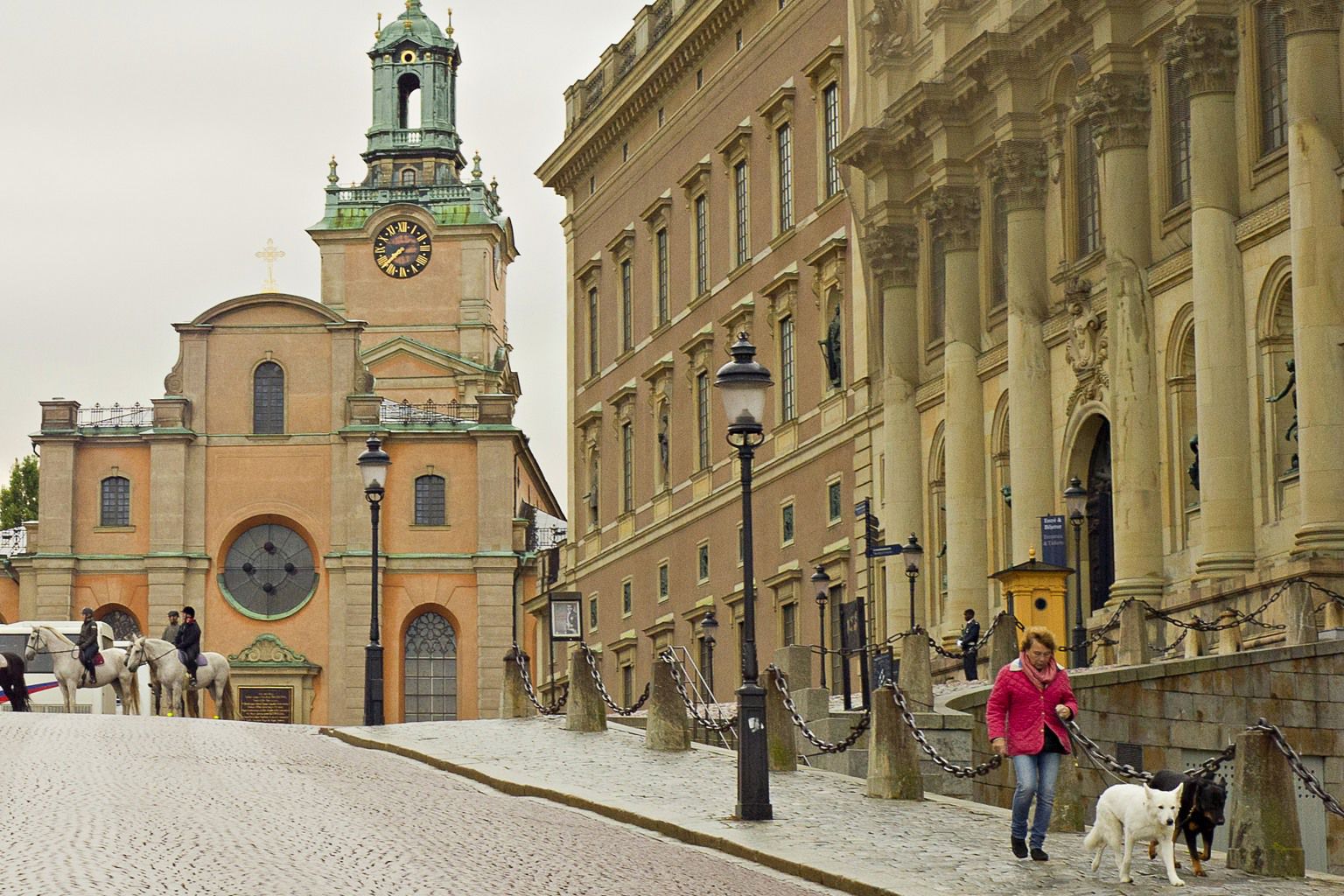 Kvinna med en svart och en vit hund i Slottsbacken.